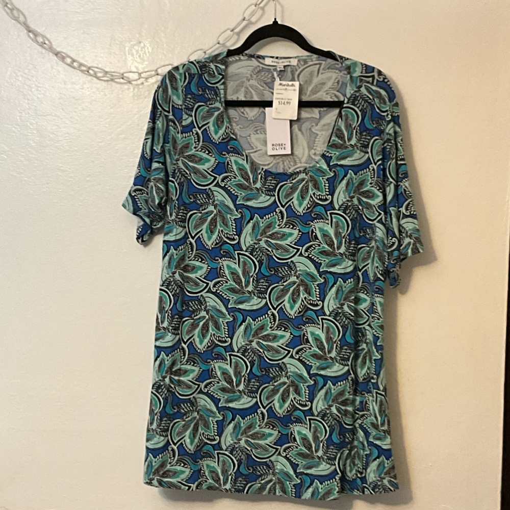 Rose & Olive Blue Teal Floral V-Neck Short Sleeve Top